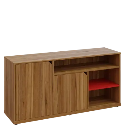 KU2-15DN3 L skříňka nízká 2-dveřová, nika, 740x1522x400, provedení levé, korpus a dvířka ořech světlý/police červená